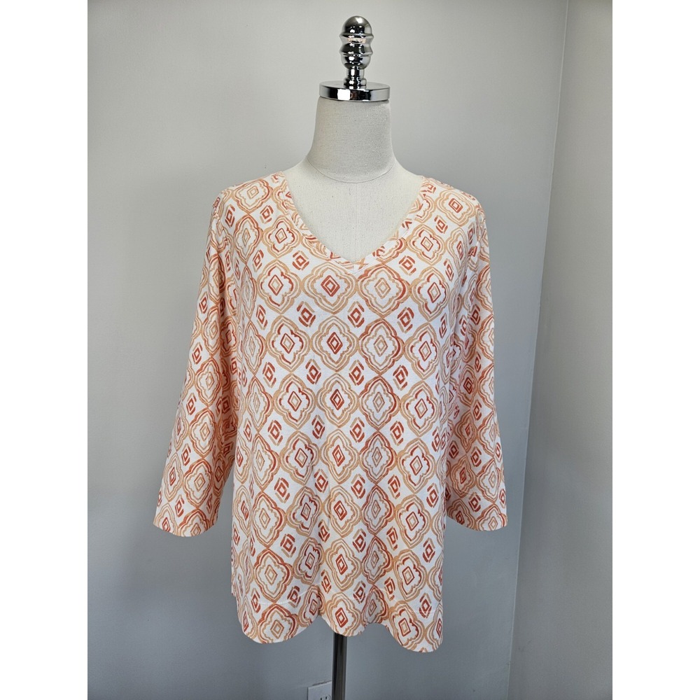 Chicos Womens Top 2 Large Geometric Print 100% Pima‎ Cotton V Neck